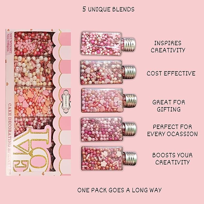 Confect Pink, White & Silver Pearl Heart Sprinkles Mix – Edible Cake, Cupcake & Cookie Decorations – Birthday & Celebration Baking Sprinkles – Pack of 5 | Vegan, Gluten-Free, Nut-Free, Soy-Free, Dairy-Free, Palm Oil-Free- 5 Oz