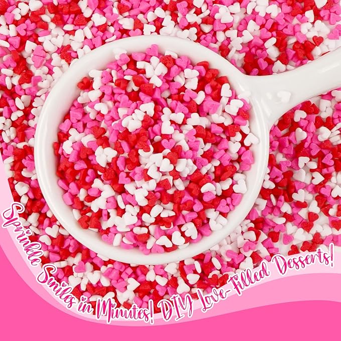 Sweet Mini Heart Sprinkles Sugar, Valentines Love Sprinkles for Cupcake Decorating, 150g/5.29oz Mix Edible White Pink and Red Candy, Cookie, cookie eyeballs, Wedding Party Supplies
