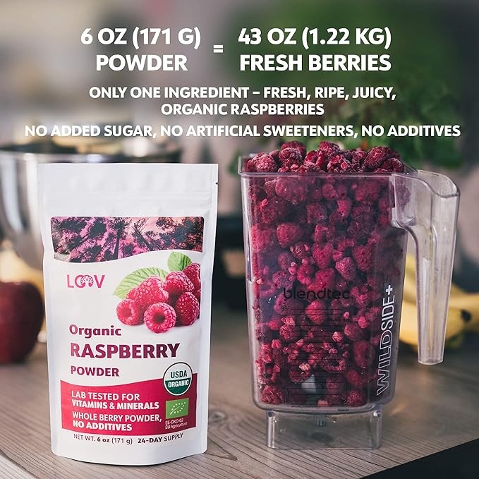 Organic Freeze-Dried Raspberry Powder – 100% Natural Whole Fruit, Certified Organic Red Raspberries – Perfect for Smoothies, Shakes & Baking – Non-GMO, No Added Sugar – 6oz (33 Servings)