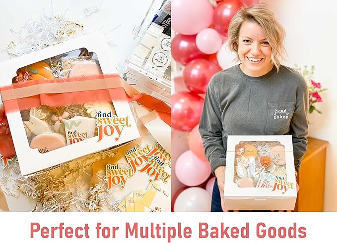 10x10x5 Bulk 25 Pcs Cake Boxes 10 Inch with Window Clear Bakery Dessert Box Square White Large Disposable Pie Boxes Package for Bake Goods Paper Pastry Packaging Donut Delivery Box (80 Pcs Stickers)