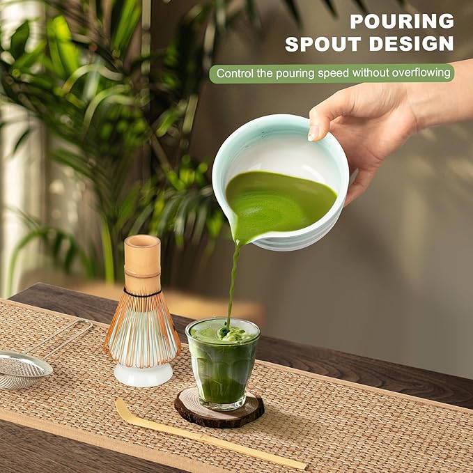 Matcha Whisk Set,Ceramic Matcha Kit Set Includes Bowl with Spout, Whisk,Holder,Bamboo Scoop and Sifter,5 pcs Matcha Tea Kit for Matcha Lovers, Ideal Gift Christmas, Birthday (Green gradient)