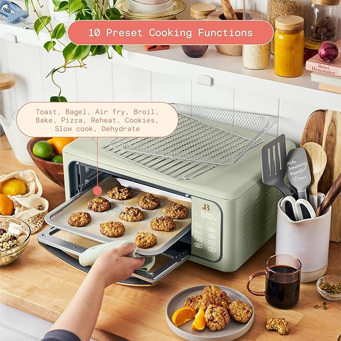 Beautiful Infrared Air Fryer Toaster Oven Kit – Special Edition Multi‑Function Countertop Oven with 10 Presets, Fast Heating & Accessories by Drew Barrymore (Green)