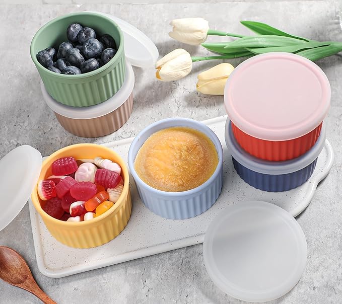 Koluti Nonstick Silicone Ramekins 8oz Set of 6, Creme Brulee Souffle Oven Safe Bowls with Lids, Pudding Dessert Baking Cups Ice Cream Snack Food Storage Container, BPA Free, Microwave, Freezer, Dishwasher Safe