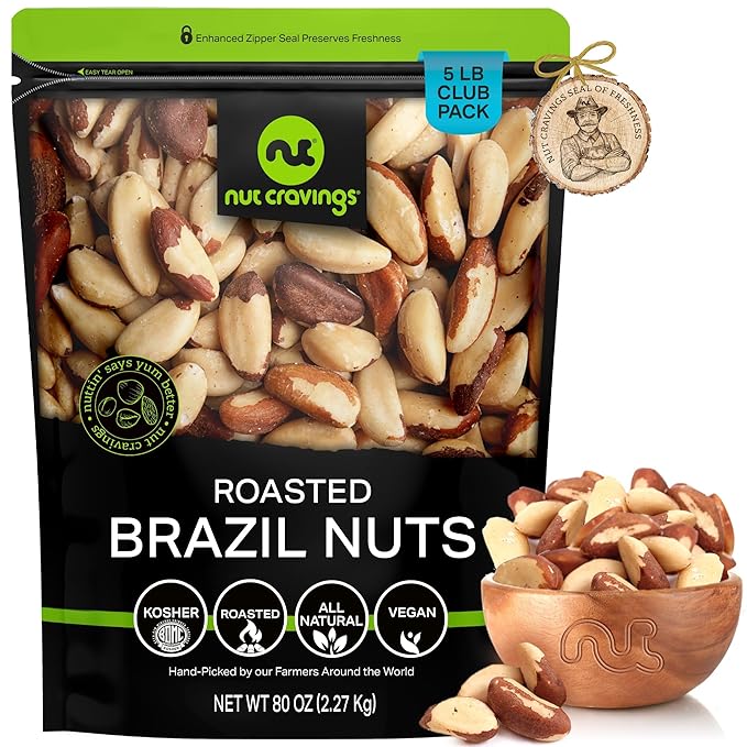 NUT CRAVINGS - Brazil Nuts Roasted & Unsalted - No Shell, Whole (80oz - 5 LB) Bulk Nuts Packed Fresh in Resealable Bag - Healthy Protein Food Snack, Food Assortments
