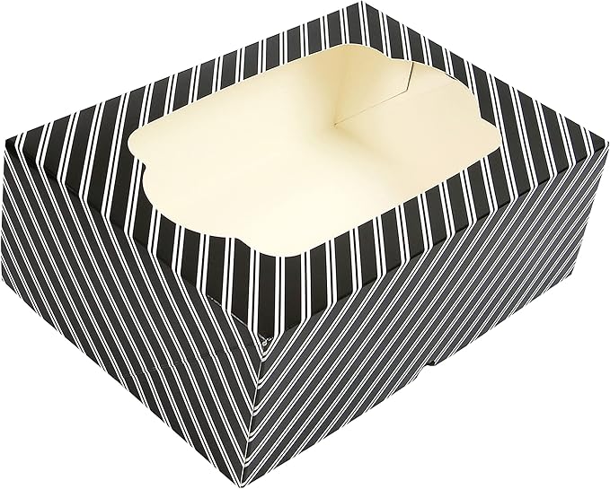 Global Sugar Art Popup Quarter Sheet Cake & 12 Cupcake Box with Window and Cupcake Insert, Black and White Stripe 14 x 10 x 4 Inches, 5 Count. For 9 x 13 sheet cakes, cookies, pastries, desserts.