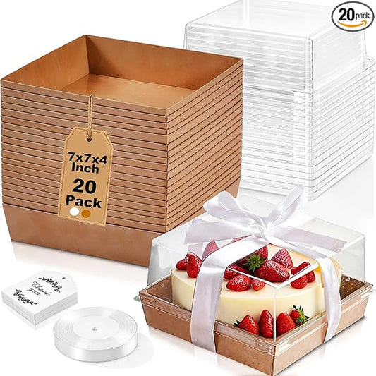 20 Pack 7x7x4 Cake Boxes with Clear Lids for 4-6 Inch Cakes, Treats or Desserts – Paper Bento Cake Boxes, Disposable Bundt Containers – Bakery Take Out Containers – To Go Square Packaging, Brown