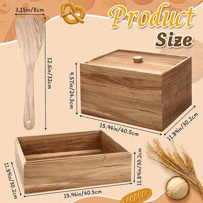 Remerry 2 Wooden Pizza Dough Proofing Box with 1 Lid, 1 Scraper Set 16" x 12" x 9" Stackable Dough Pizza Proofing Box Container for Home, Mobile, or Pizzeria