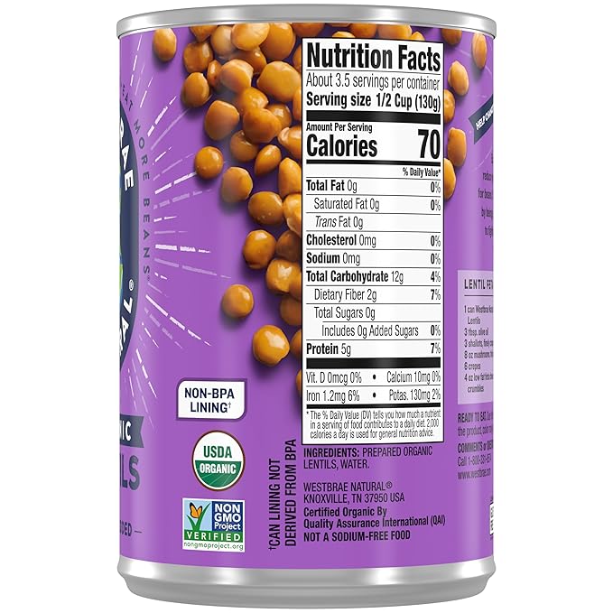 WESTBRAE 15 oz Natural Organic Lentil Beans, No Salt Added, Source of Plant Based Protein and Fiber, Low Fat, Gluten Free, (Pack of 12)