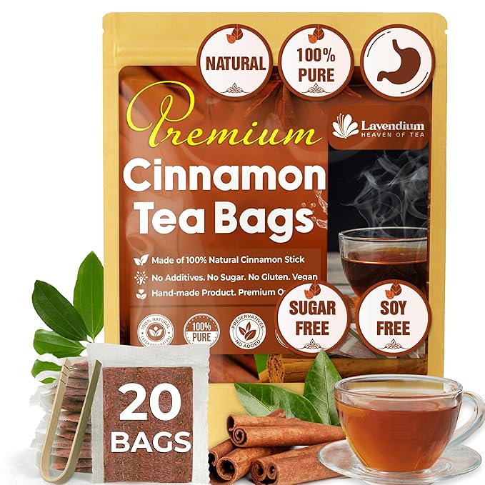 Lavendium, 20 Pure Cinnamon Tea Bags, Made of 100% Natural Cinnamon Sticks, Herbal Tea, No Additives, No Caffeine, No Gluten, Vegan.