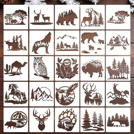 Forest Animal Stencils Bear Deer Stencils for Wood Burning Reusable Wildlife Mountain Pine Tree Stencil for Painting on Wood Wall Fabrics DIY Crafts