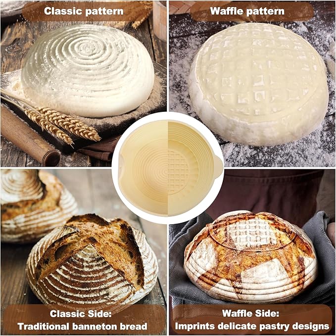 3Pcs Silicone banneton basket,Sourdough starter kit,Round 10" & Oval 10" & Round 5"(Yellow).Folds for Compact Storage,Non-stick,Dishwasher Safe,proofing baskets for sourdough baking.