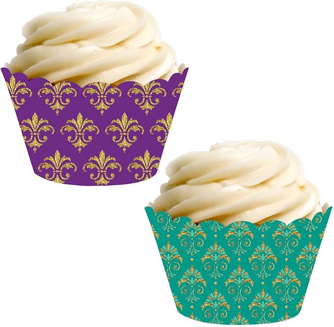 Andaz Press Party Cupcake Wrapper Decorations, Mardi Gras Themed Purple and Aqua Fleur De Lis, 24-Pack, Theme Colored Bulk Cake Supplies