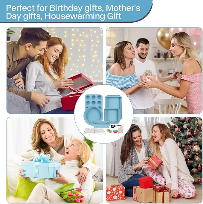 Blue Bakeware Set, 6-Piece Nonstick Baking Pans Set, Carbon Steel Oven Bakeware for Holiday Cookies & Festive Baking Gifts