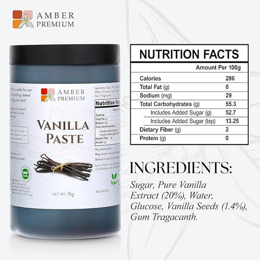 Amber Premium Pure Vanilla Bean Paste 1kg / 27 fl oz (US) - Made with Authentic Madagascar Vanilla Extract - Vegan, Kosher, Chef Recommended for Baking, Desserts, and Pastries