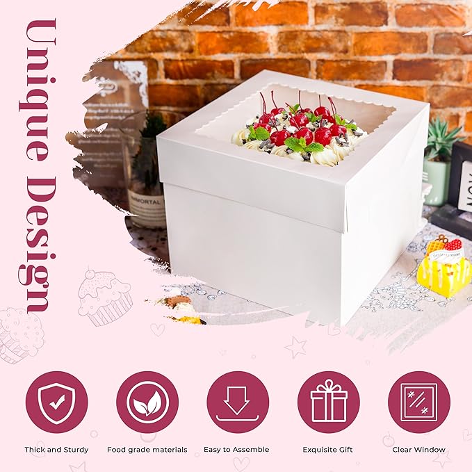 Cake Boxes 10×10×8 inch White Tall Cake Boxes with Window Cajas Para Pasteles for Cakes, Pies, Pastries, Birthday, Party (2 Pack)