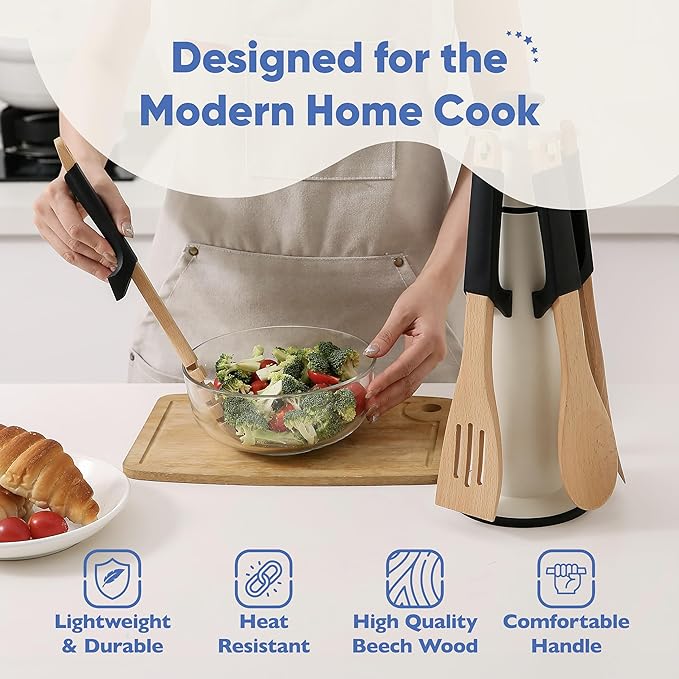 Chef's Path Wooden Cooking Utensils Set – 5-Piece Beech Wood Kitchen Utensils Set with Silicone Spoon Rest, Wooden Spatula, Serving Spoon, Wooden Spoons for Cooking & Rotating Utensil Holder, Black