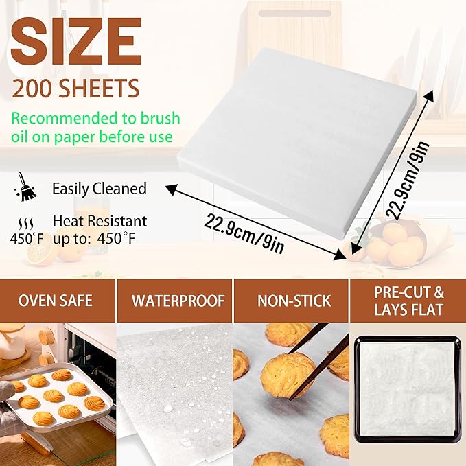 200 Pcs Parchment Paper Baking Sheets, 9"x9" Precut Non-Stick Baking Parchment Paper Sheets Bun Sheet Pan Liners.Baking Grilling Air Fryer Steaming Bread Cup Cake Cookie (White-9"x9")