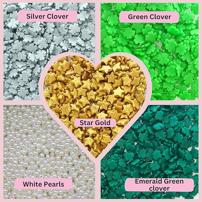 Confect St. Patricks Green & Silver Flower Sprinkles | White Pearl, Gold Star Edible Sprinkles for Baking & Cake Decorative | Edible Sprinkles mix pack of 5 | Dairy-Free, Palm Oil-Free - 5 Oz