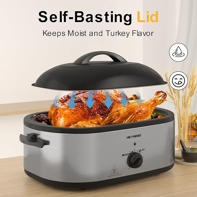 Roaster Oven 18Qt, Multifunctional Electric Roaster Oven for Turkey Meats Bread Soup Sauce, Fast-Cooking Turkey Roaster with Self-Basting Lid, Removable Pan and Rack, Stainless Steel