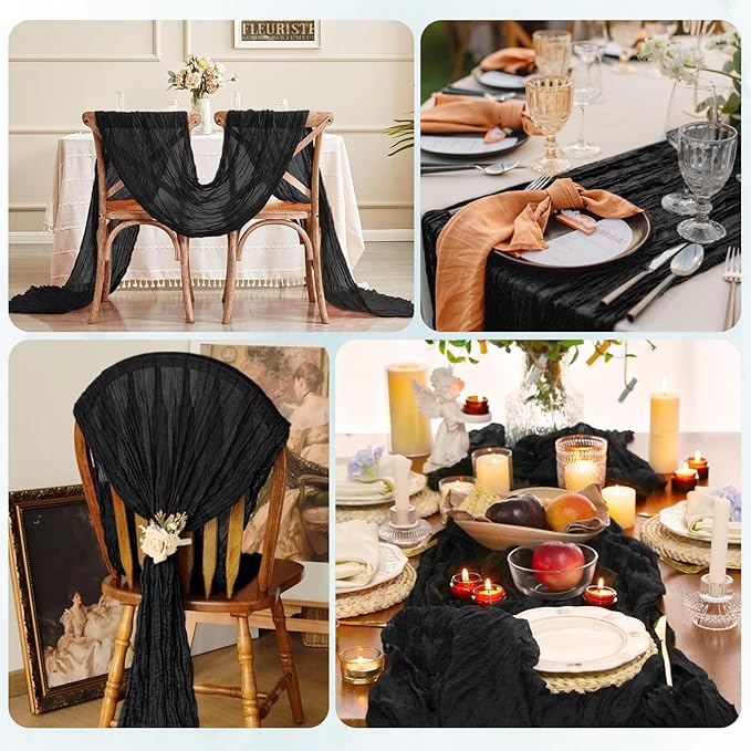 12 Pack Black Cheesecloth Table Runner 17x108 Inch Semi Sheer Boho Gauze Cheese Cloth Fabric Table Runners, for Wedding Party Baby Shower Birthday Home Decor Garden Farmhouse