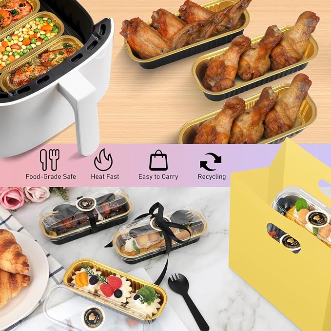 OcePor 50 Pack Mini Loaf Pans With Lids，Mini Cake Pans With Lids and Spoons，6.8oz Bread Loaf Pans Disposable，Small Aluminum Cake Tins,Baking Pans Individual (Black&Gold)
