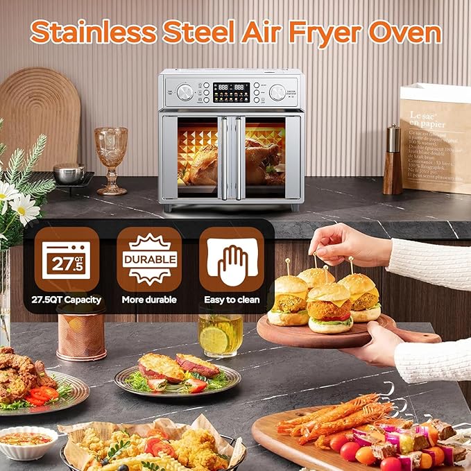 27.5QT French Door Air Fryer Toaster Oven Combo, Countertop Oven with 14 Presets & Digital Control, Stainless Steel Large Toaster Oven for Baking, Roasting, Includes Accessories,Silver