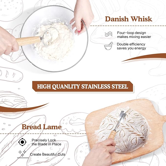 Sourdough Starter Kit with 2 Proofing Baskets, 36oz Sourdough Starter Jar, Bread Lame, Dough Scraper, Dough Whisk & Silicone Bread Sling