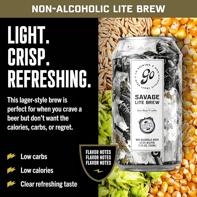 Go Brewing Non-Alcoholic Beer - Small Batch, Low-Calorie Brew - Light, Crisp, and Refreshing Flavor Profile - Bold & Smooth Finish Craft Beer - Classic Ingredients - Savage Lite Brew (12 Oz, 12 Cans)