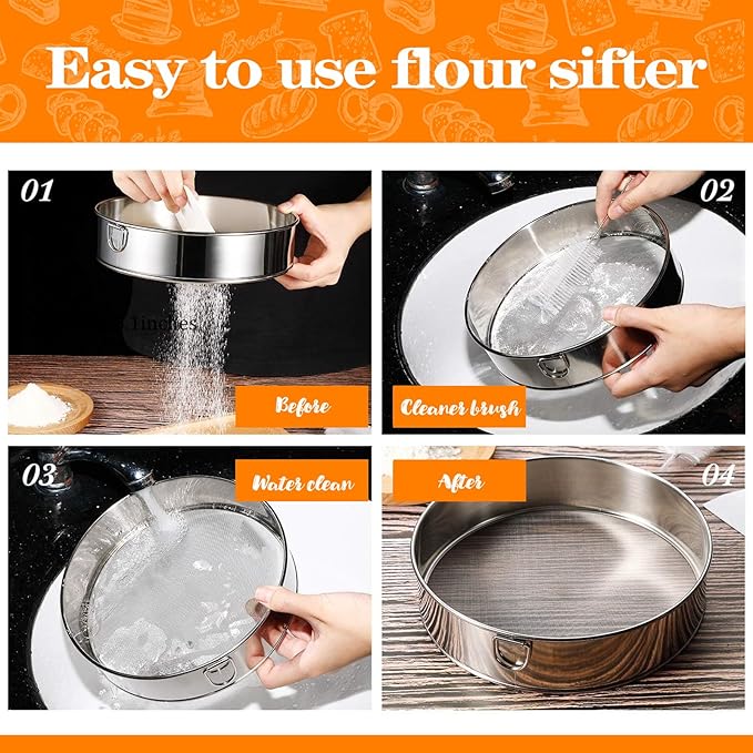 Flour Sifter, Flour Sieve,Tamis Stainless Steel Flour Sifter for Baking Cake Bread, Hanging Ring Design, with Dough Scraper, Sieve Fine Mesh,Best Baking Lovers' Gift