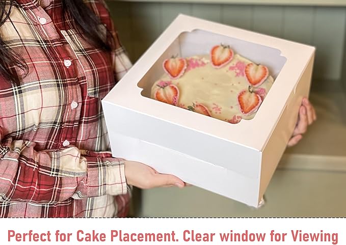 10x10x5 Bulk 25 Pcs Cake Boxes 10 Inch with Window Clear Bakery Dessert Box Square White Large Disposable Pie Boxes Package for Bake Goods Paper Pastry Packaging Donut Delivery Box (80 Pcs Stickers)