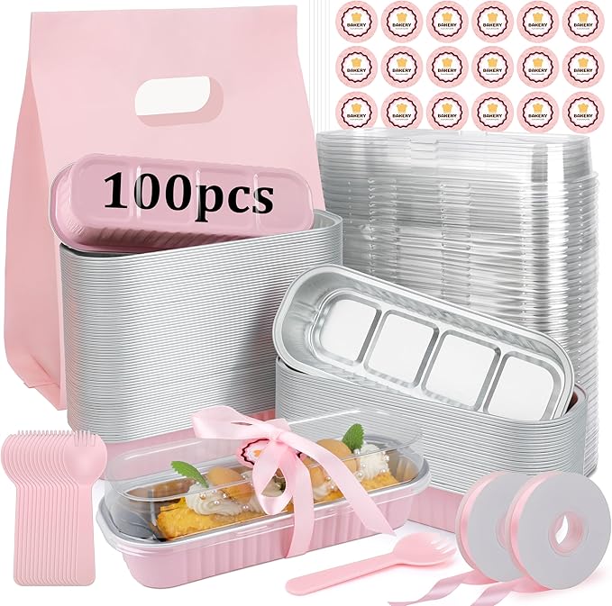 OcePor 100 Pack Mini Loaf Pans With Lids，Mini Cake Pans With Lids and Spoons，6.8oz Bread Loaf Pans Disposable，Small Aluminum Cake Tins,Baking Pans Individual