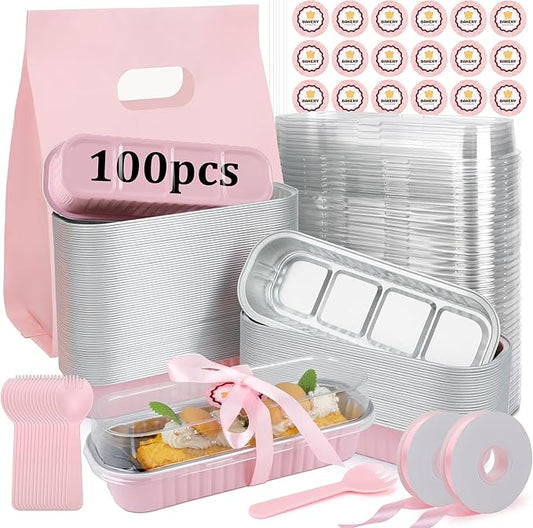 OcePor 100 Pack Mini Loaf Pans With Lids，Mini Cake Pans With Lids and Spoons，6.8oz Bread Loaf Pans Disposable，Small Aluminum Cake Tins,Baking Pans Individual