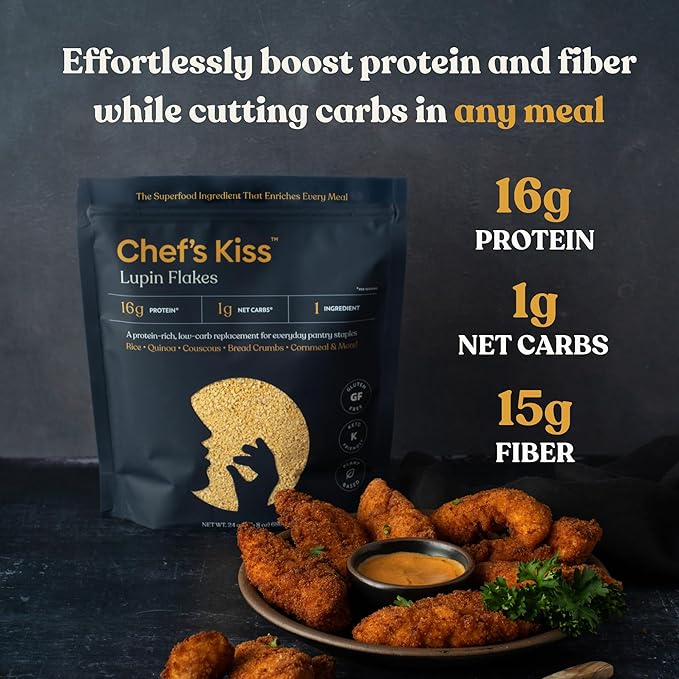 Chef’s Kiss Lupin Flakes | 16g Protein, 1g Net Carbs, 15g Fiber | Gluten Free, Low Glycemic, Low Carb | Rice Couscous Cornmeal Breadcrumb Alternative | High Protein, Keto | Non GMO | 17 Servings(24oz)