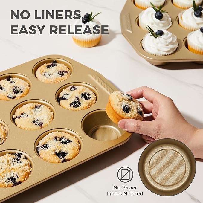 HONGBAKE 9-Piece Baking Pans Set with Wave Texture for Reduced Oil, 0.8mm Thick Bakeware Sets Non Stick, Includes Stackable Cookie Sheets for Oven Cooking, Cake Pan, Muffin Pan, Loaf Pan, Rack, Gold