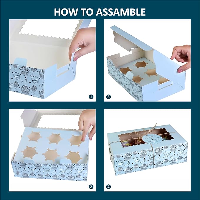 Cupcake and Muffin Boxes (Pack of 20), Fits 6 Treats comes with Insert trays, Tags and Twine (Blue)