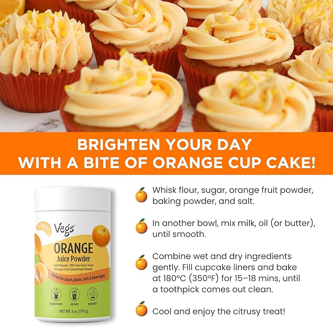 Vegs Orange Fruit Juice Powder - Freeze Dried & 100% Natural Orange Juice Concentrate - Flavoring Powder for Drinks, Smoothies & Baking - Sugar-Free, No Preservatives, Non-Gmo - 6 oz