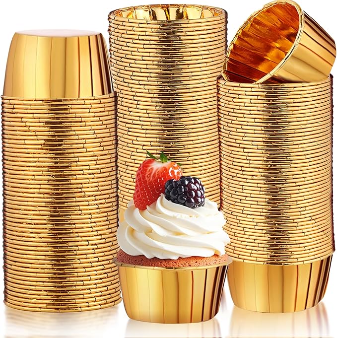 300 Pack Gold Cupcake Baking Cups,3.5 Oz Disposable Foil Muffin Liners,Mini Metallic Foil Cupcake Liners for Baking,Aluminum Ramekin Holders Cups for Birthday Party,Wedding,Festival Supply