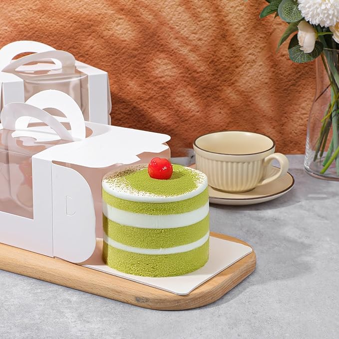 25 Pcs 5 x 5 x 4 Inch White Cake Boxes with Handle & Boards, Easy Carrying Paper Cakes Containers, Cake Holder Window Carriers for Birthday Christmas Birthday Wedding, Party, Gift