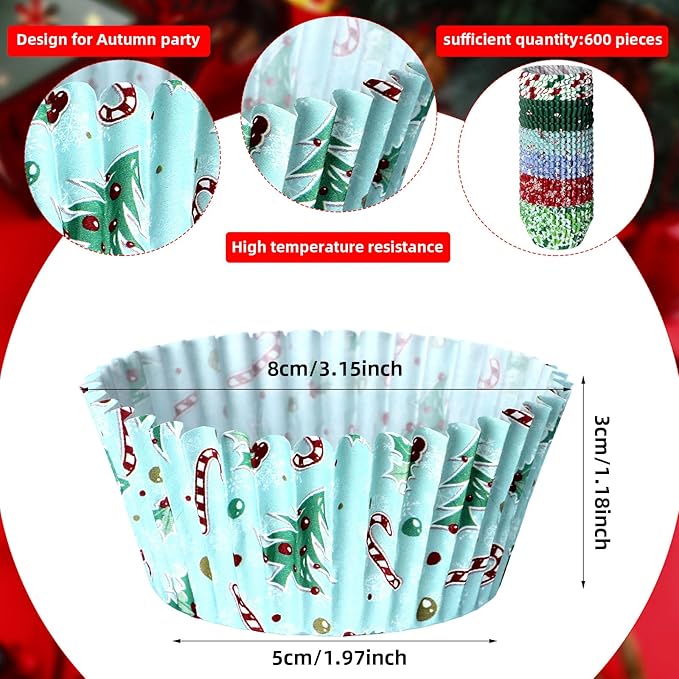 CHENGU 600 Pieces Christmas Cupcake Wrappers, Candy Santa Claus Cupcake Liners Snowman Xmas Colorful Paper Baking Cups for Cake Make Baking Supplies, 6 Styles(Candy Styles)