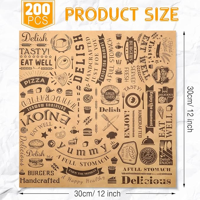 Marspark 200 Pcs Deli Wax Paper Sheets 12 x 12 Inches Square Grease Resistant Tray Basket Liners Hot Dog Wrappers Newsprint Water and Grease Proof Sandwich Wrapping Paper for Food Baking (Brown Black)