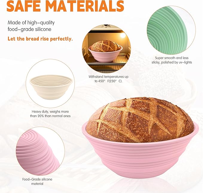 4Pcs Silicone Banneton Bread Proofing Baskets, 10" Round Foldable Non-Stick Dough Proofing Bowl Containers-BPA Free, Optimum Sourdough Bread Baking Supplies