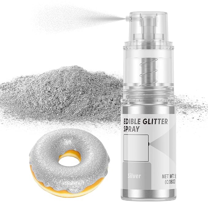 Edible Glitter Spray,Food Grade 5g Edible Glitter for Cake Decorating Desserts, Beverages, Cupcakes, Cake Pops and Cookies - Silver