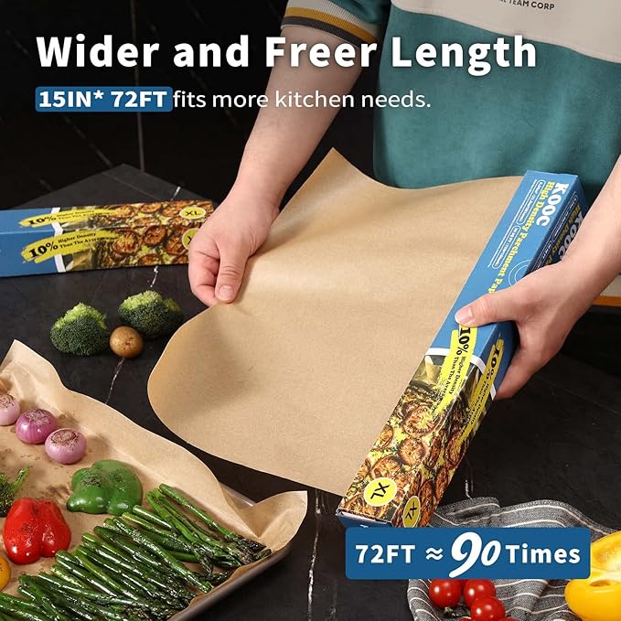 KOOC Premium 72-Feet Parchment Paper Roll - 15-Inch Width, Non-Stick, Unbleached Baking Paper - Ideal for Baking, Cooking, and Food Preparation - 90 Square Feet Coverage - Compostable, High Density