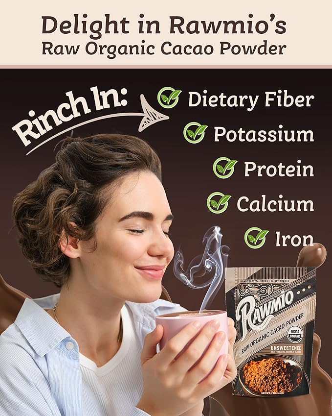 Rawmio Raw Organic Cacao Powder - Nutrient-Dense with Dietary Fiber, Iron, & Calcium - Rich & Creamy Raw Cacao for Drinking or Baking - Organic Cocoa Powder Alternative - 16 oz, Pack of 3