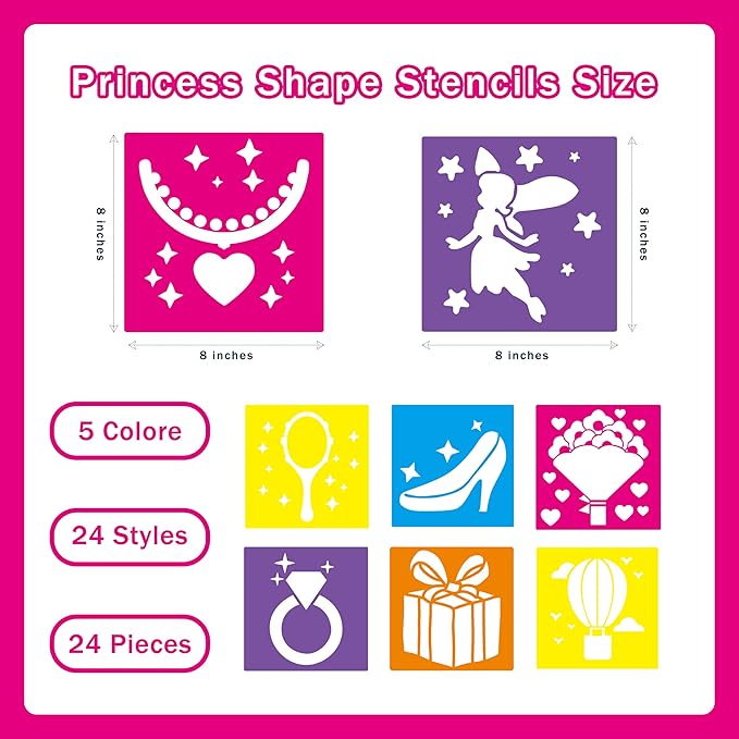 24 Pieces Stencils,Large Drawing Stencils Chalk Template,8 Inches Washable Shape Template Kit for Crafts,Painting Drawing (Princess, 8 inch)