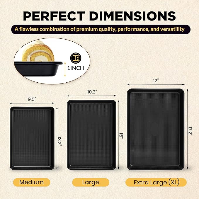 Saker nonstick baking sheet pan set,EvenHeat Baking Sheets Set of 2, Non-Stick Cookie Pan for Perfect Baking Results, Oven Safe Carbon Steel Bakeware (Black)