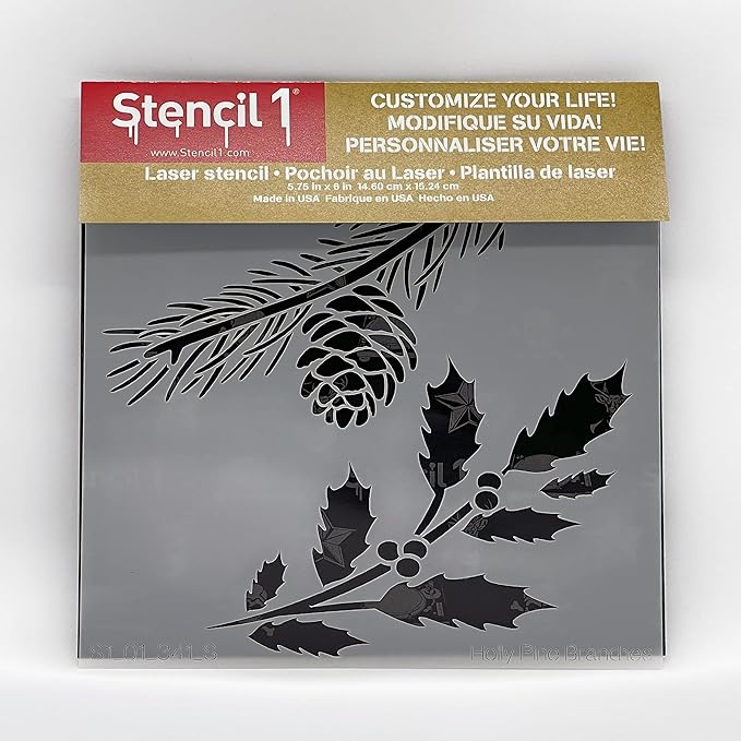 Stencil1 Holly and Evergreen Branches Stencil – Reusable Winter Template for DIY Crafts, Holiday Decor, Painting on Wood, Fabric, Cards & More - 5.75" x 6"