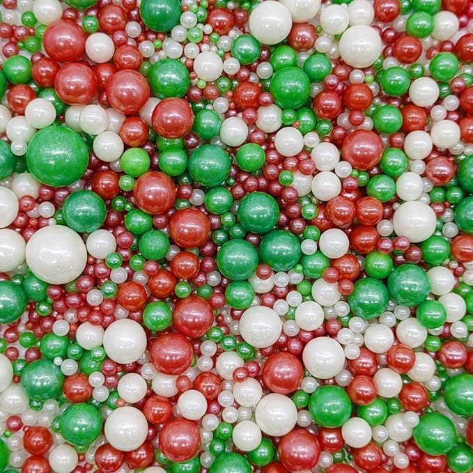 Edible Red & Green & White Sugar Pearls Sprinkles Candy Mix Size Pearls Cake Decorations Cupcake Toppers Decorating Perfect for Wedding Party Valentine Christmas Supplies 4.58OZ