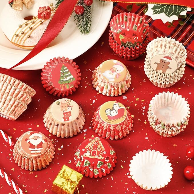 AUGSUN 800pcs Christmas Cupcake Liners Paper Candy Cups Santa Elk Snowman Gingerbread House Mini Muffin Liners for Xmas Holiday Party Cake Candy Truffles Chocolate Making Supplies (8 Designs)