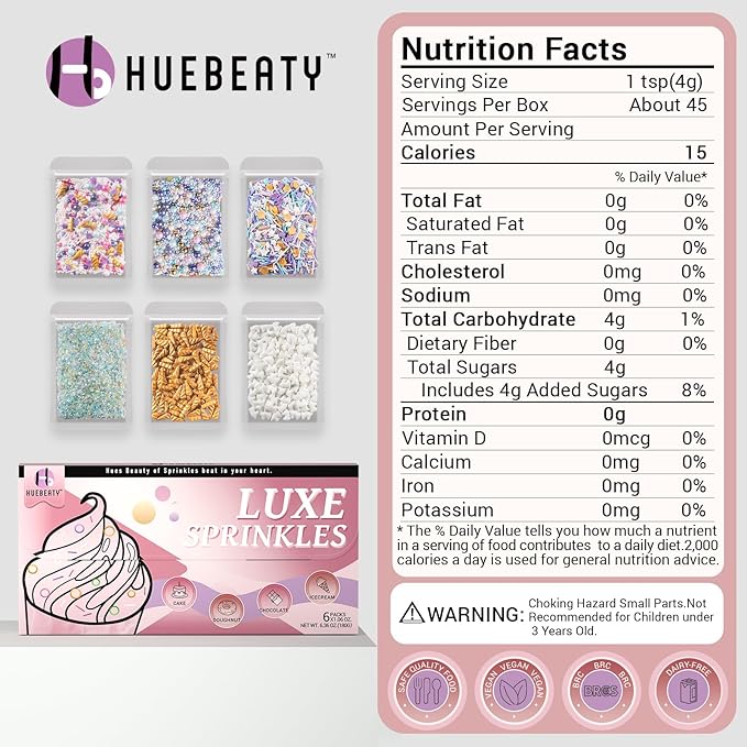 HUEBEATY 6-in-1 Unicorn Sprinkles Edible Set – 180g Unicorn Golden Horn Candy, Star Confetti & Jimmies Mix, Pearls & Sugar Crystals – Edible Unicorn Cake Decorations for Cupcakes, Cookies, Ice Cream & Birthday Desserts